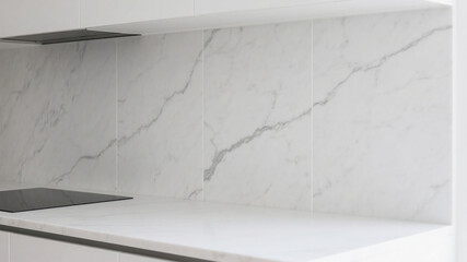 Obraz premium Modern kitchen interior with marble countertops and backsplash displaying contemporary elegance