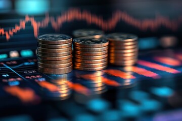 Multiple stacks of coins on a digital trading platform background with fluctuating graphs representing market trends and economic activity
