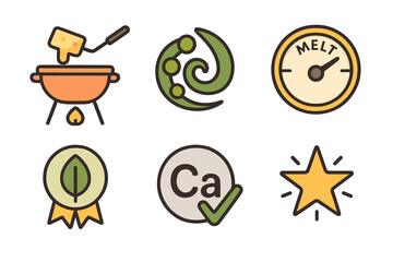 Icons representing fondue are depicted with various symbols including flame, swirl, dial, badge, tick, and star