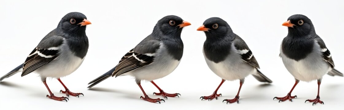 Illustration of dark eyed junco bird isolated against white background. Songbird poses. Wild animal illustration. Detailed artwork of small bird with black head, grey body, white belly, red legs.