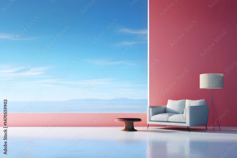 Poster 白いソファーとランプのあるミニマルな部屋 青い空と海の背景が特徴的なモダンな空間デザイン