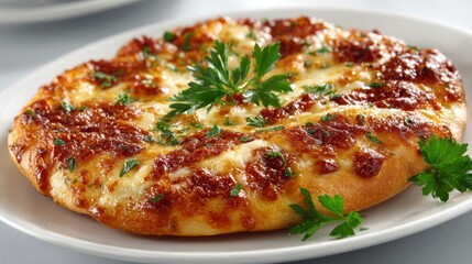 Delicious cheesy Italian pizza on a plate, isolated on background