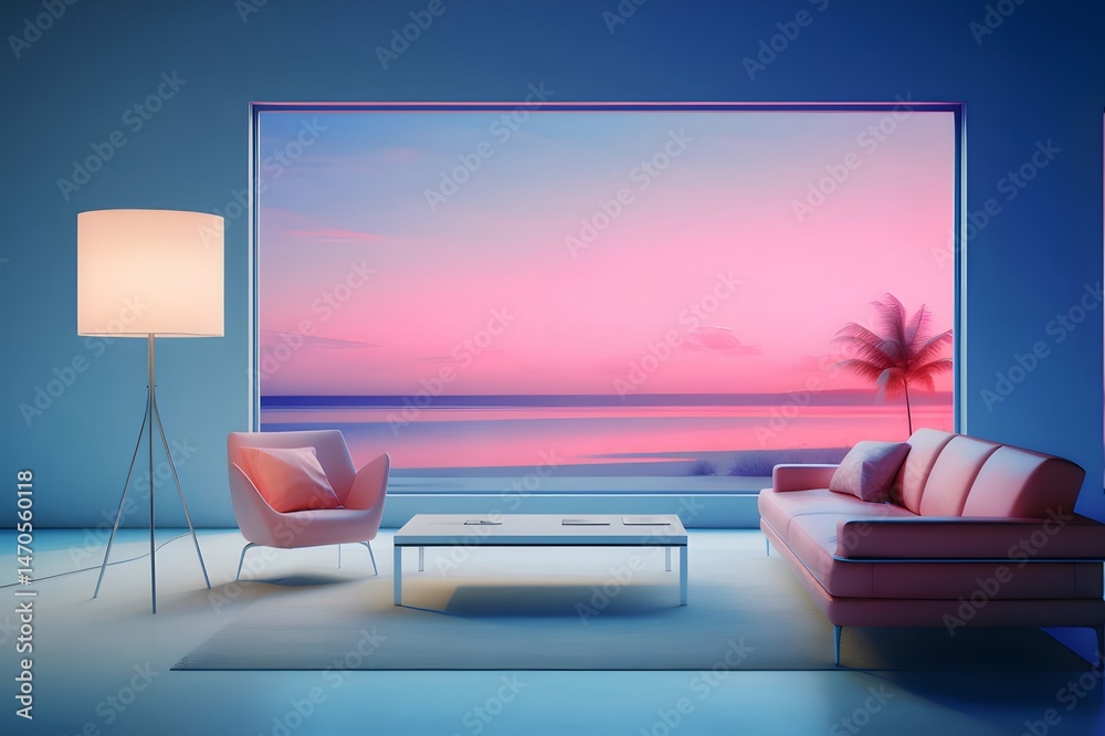 Poster ピンクと青の夕焼けの海の景色が広がる窓際のモダンなリビングルームのインテリア ソファ 椅子 テーブル ランプ カーペットを備えたミニマリストデザイン