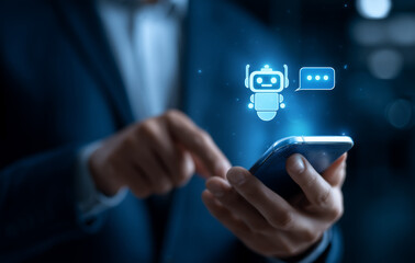 Businessman using an AI robot chatbot concept for online support and customer service on a smartphone screen