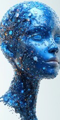 Detailed depiction of female cyborg head and neck, showcasing intricate circuits, wiring, and glowing nodes against white