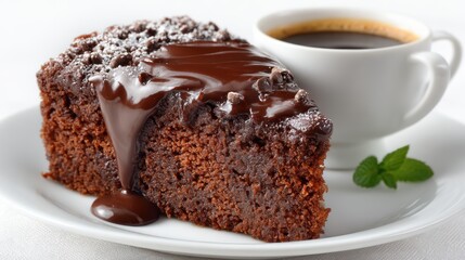 Chocolate cake with coffee, isolated on white, cutout