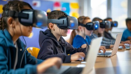 A row of diverse students in a classroom setting wearing VR headsets and using laptop computers. They are engaging in a virtual reality learning experience. The setting is modern and clean. - Powered by Adobe