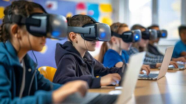 A row of diverse students in a classroom setting wearing VR headsets and using laptop computers. They are engaging in a virtual reality learning experience. The setting is modern and clean.