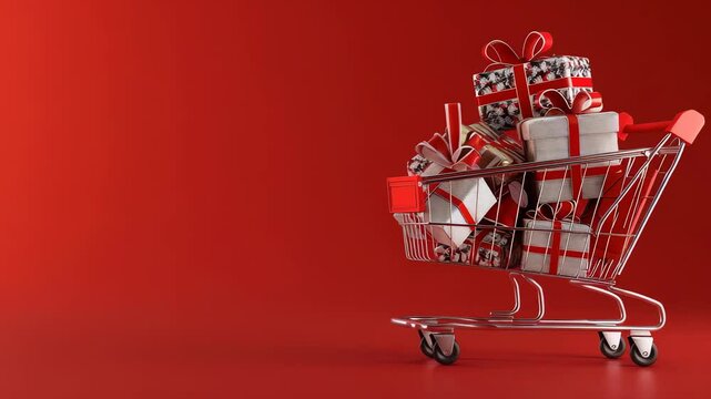 A shopping cart, bathed in the soft glow of light, is filled with presents wrapped with elegant ribbons and red accents against a red backdrop, hinting at celebrations and festive shopping.