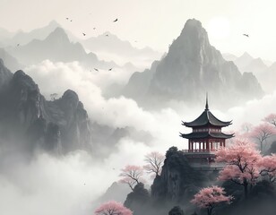Obraz premium Chinese painting depicts mountains clouds pavilions. Calm traditional oriental landscape, serene nature scene with pagoda, cherry blossoms. Peaceful scenic view, classic artwork, zen atmosphere.