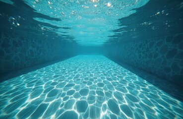 Obraz na płótnie Canvas Underwater view of clear water swimming pool, with sun reflection. Aquatic scene with blue water, texture on the wall. Leisure, recreation, vacation, spa resort concept.