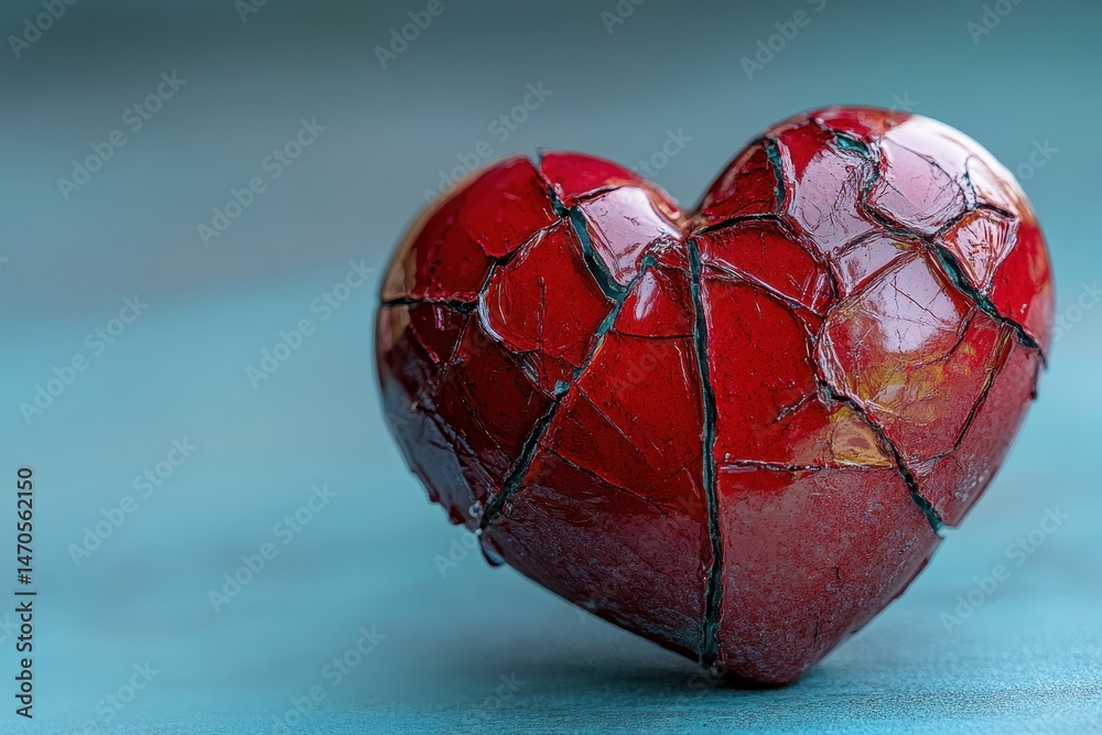 Aufkleber vibrant red heart sculpture with intricate cracks reflecting light on a textured surface in a serene
