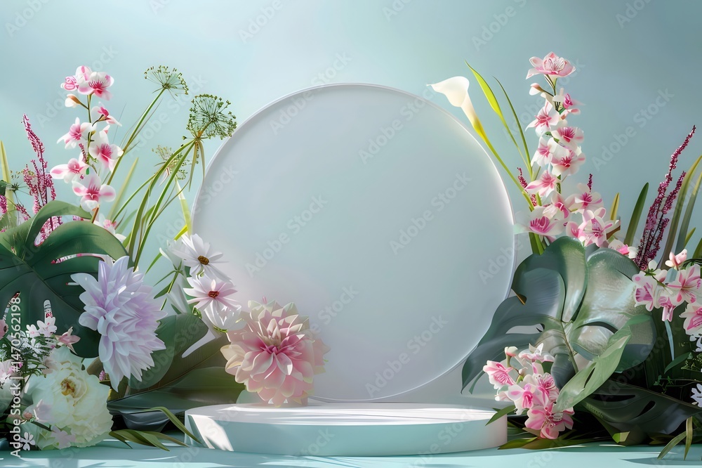 Aufkleber パステルブルーの背景に白い円形のプラットフォームとピンクと白の花の配置の3dレンダリング