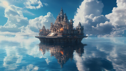 Obraz premium a floating temple drifting above an endless ocean, reflecting divine light. [Vortex Temples] | Temple Drift | floating sanctum. Illustration