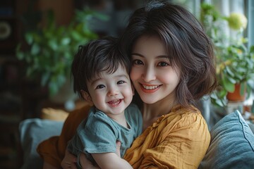 Asian mother and her son playing and laughing, Smiling Woman using laptop, Freelancer mom works from home with her cute child