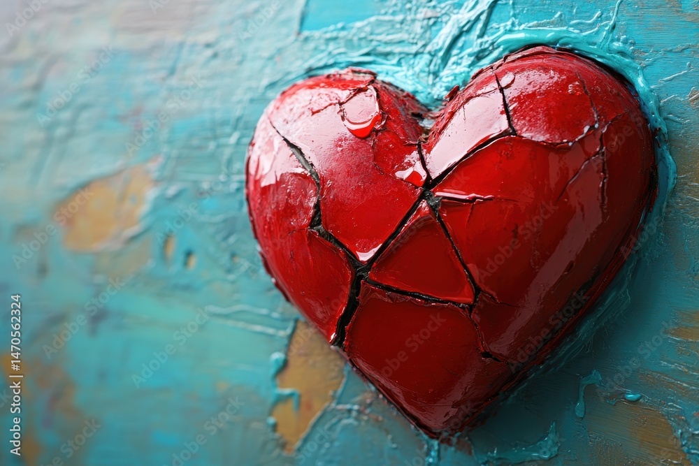 Aufkleber vibrant red heart sculpture with intricate cracks reflecting light on a textured surface in a serene