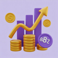 Financial growth illustration with gold arrow coins and purple bar chart