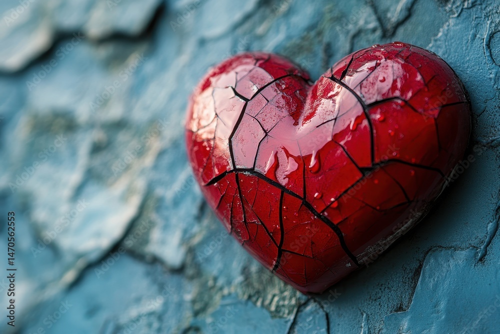 Aufkleber vibrant red heart sculpture with intricate cracks reflecting light on a textured surface in a serene