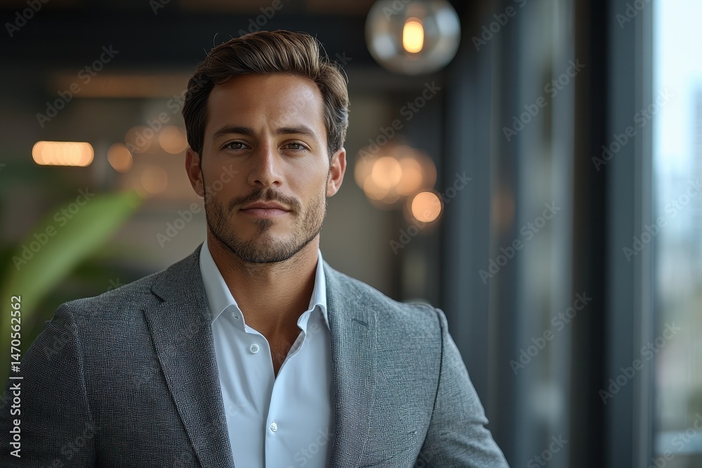 Aufkleber confident man smiling with arms crossed in a modern office setting during daylight hours