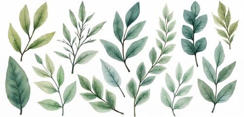 Watercolor illustration of assorted green leaves. Botanical design for invitations cards decor. Hand drawn foliage elements for wedding designs or natural eco-friendly print.