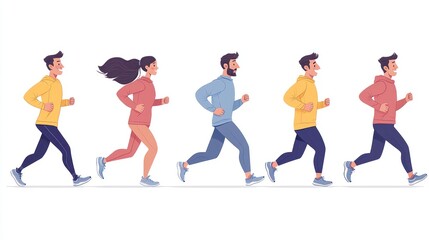 Five individuals jogging in a row, showcasing diverse attire and running styles
