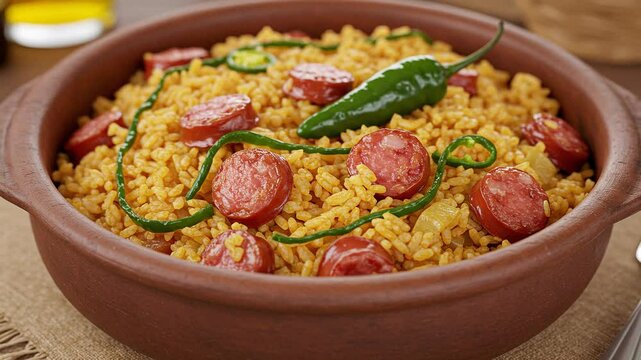Delicious spanish rice with chorizo and green peppers in a rustic clay bowl close up food photography