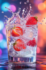Fresh strawberries splashing into a glass of water with colorful bokeh background. Vibrant, refreshing concept of fruity hydration and healthy summer drink.