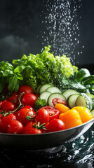 Fresh vegetables including tomatoes, cucumbers, bell peppers, and greens being rinsed with water. Healthy food concept with vibrant colors and clean eating theme.