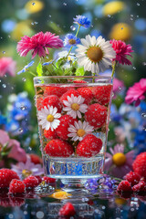Glass filled with raspberries and wildflowers in water, surrounded by colorful blooms and water drops. Refreshing summer still life with vibrant and romantic garden vibes.