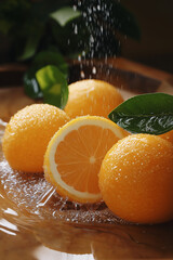 Fresh oranges with water drops and green leaves on a wooden surface. Juicy sliced citrus fruit in natural light, symbol of vitamin C and healthy lifestyle.