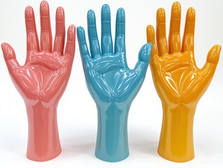 Three colorful hands raised, showcasing anatomical detail and glossy finish