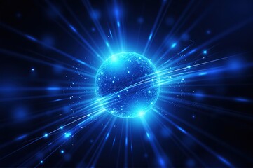 Obraz premium A luminous blue technological sphere with a granular surface, surrounded by lines and light points radiating, ideal for themes of advanced technology, digital evolution, and futuristic concepts.