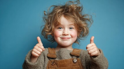 A cheerful child giving the thumbs-up and an OK sign, beaming with joy, isolated on background
