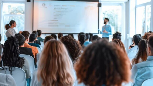 A diverse audience attentively listens to speaker during conference presentation, with focus on information sharing , collaboration. The event promotes knowledge exchange , professional development.