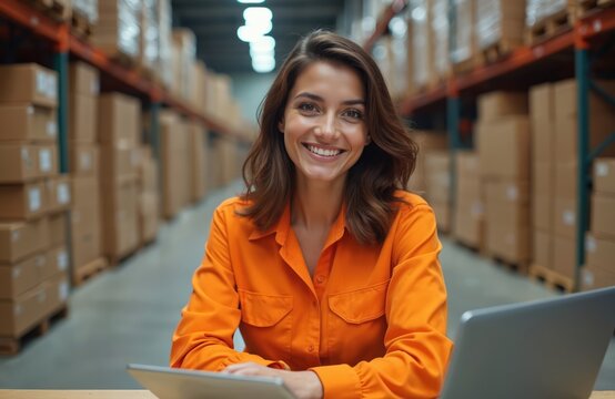 Smiling hispanic woman warehouse manager using laptop in distribution center storehouse. Female supervisor in logistics, inventory control. Packages background, e-business, service, work.
