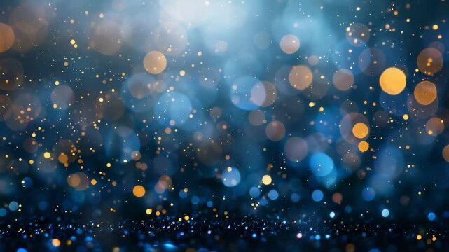 A mesmerizing abstract design with blurred blue hues and glimmering gold particles. The background creates a dreamy, festive, and enchanting ambiance, offering a sense of mystery and celebration.