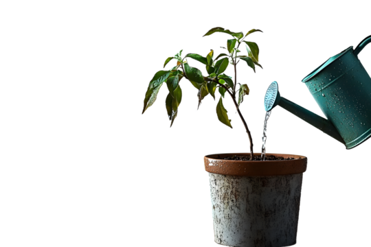Watering a wilting plant in a pot with a watering can. Space for text.