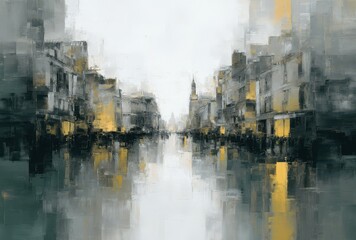 Obraz premium Abstract cityscape painting with rainy urban reflection and moody atmosphere