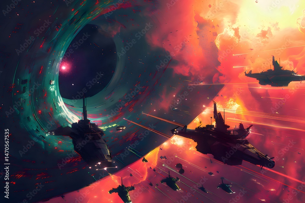 Poster ピクセルアートのスタイルで宇宙船と星雲の惑星を特徴とするカラフルな宇宙風景イラスト