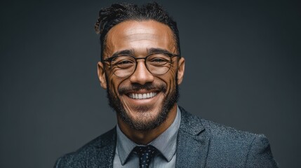 Fototapeta premium A businessman smiling confidently in his suit and glasses, isolated on background