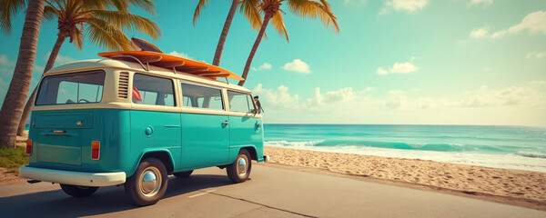 Vintage van with surfboard parked at sandy beach. Blue ocean, sky on background. Retro van camper van perfect for travel, summer vacation. Explore road trip adventure with family friends. Holiday