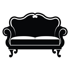 An elegant black sofa showcases decorative, scrolled arms and shapely legs