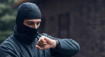 Hooded male in activewear checking time on smartwatch in outdoor setting