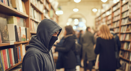 Hooded male in library amidst busy crowd