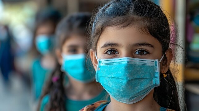 Children wearing masks in line - Powered by Adobe