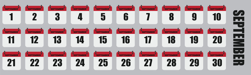 September Calendar Days Full Month Set, Dates 1st to 30th Vector Illustration