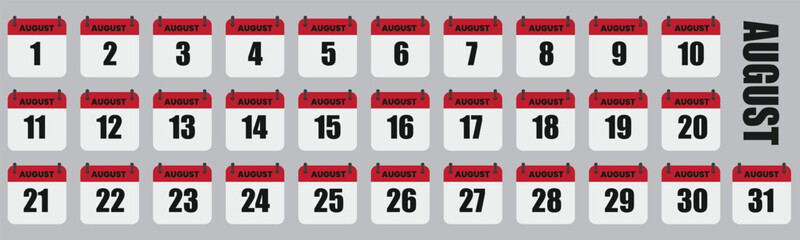 August Calendar Days Full Month Set, Dates 1st to 31st Vector Illustration