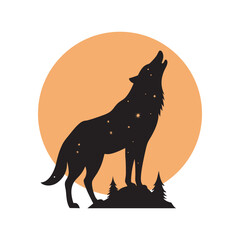 Night moon wolf double exposure silhouette