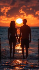 Fototapeta premium Couple walking on beach at sunset