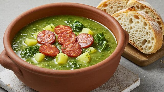 Caldo verde soup recipe portuguese soup with kale potatoes and chorizo with bread on side